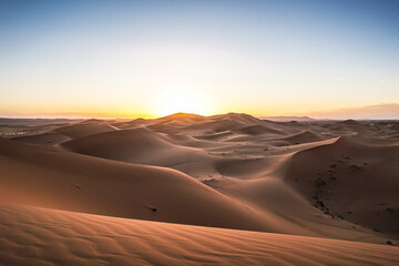 Sunset over the sand dunes, Merzouga Desert, Morocco