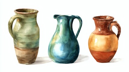 Three decorative ceramic pitchers in various colors and styles, showcasing artistic craftsmanship