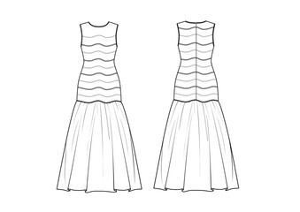 Women Resort Sleeveless Embroidered Flowing Hem Maxi Dress, fashion flat sketch, Editable Flat Technical Drawings Illustration, Dress Mockup