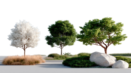 Botanical Beauty: A vibrant showcase of diverse trees, each standing proud in a meticulously crafted landscape, accompanied by strategically placed rocks, all contributing to a visual symphony.