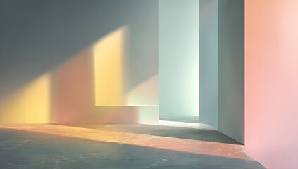 Pastel-hued minimalist room with sunlit walls and floor, featuring rectangular cutouts casting soft shadows