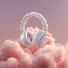 White over-ear headphones rest on a fluffy, pastel pink cloud against a muted pink background