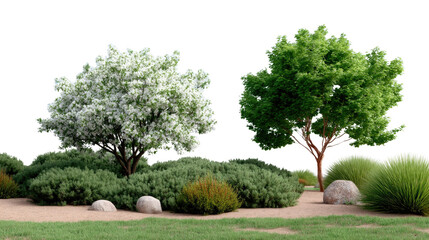 Botanical Beauty: A serene landscape featuring two vibrant trees amidst lush bushes and soft pebbles, evoking a sense of tranquility and the beauty of natural settings.