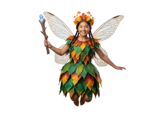 Cheerful Young Girl in Autumn Fairy Costume with Wings and Magic Wand