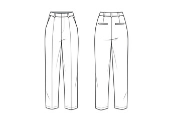 Women Tailored Slim Fit Tapered Leg Pants , Front & Back View, CAD fashion flat sketch, Editable Flat Technical Drawings Illustration, Pants Mockup