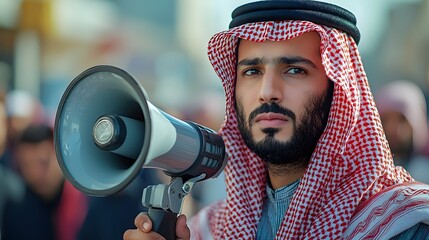 Middle Eastern businessman announces business expansion with megaphone