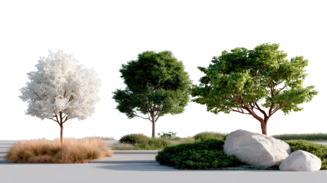 Botanical Beauty: A vibrant showcase of diverse trees, each standing proud in a meticulously crafted landscape, accompanied by strategically placed rocks, all contributing to a visual symphony.