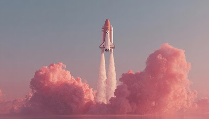 Space shuttle ascends through pastel pink clouds at dawn, leaving a white contrail against a pale blue sky