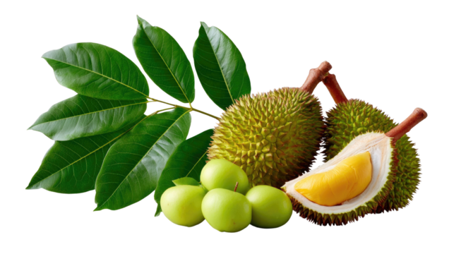 The King of Fruits and its Companions: A close-up capture unveils the formidable, yet enticing, durian, alongside its equally alluring companions, offering a mouthwatering visual feast.
