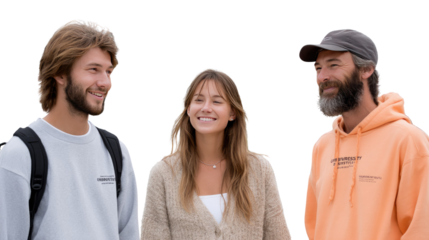Happy Family Portrait: Three young adults, a brother, sister, and possibly a friend, share a lighthearted moment, their smiles and easy body language suggesting a close and affectionate bond. 