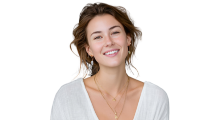 Radiant Smile: A portrait of a beautiful woman radiating genuine happiness and joy, her smile illuminating her face with a captivating warmth. 