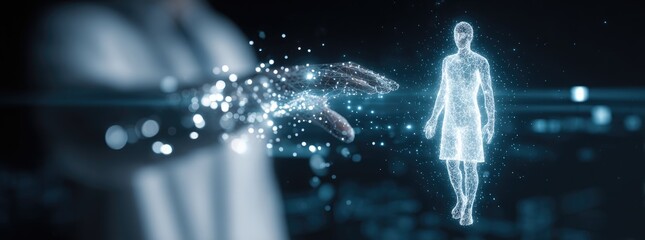 Digital hand reaching towards holographic figure