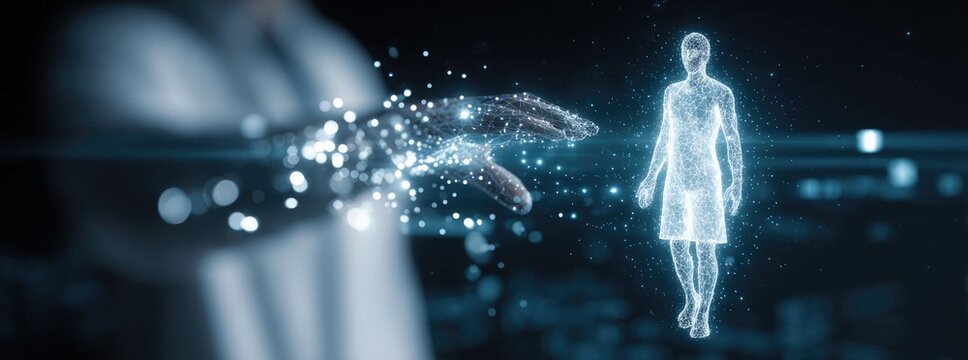 Digital hand reaching towards holographic figure