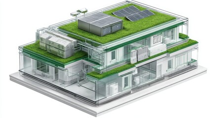 Cutaway 3D render of an eco-friendly building with green roofing, solar heating, insulation layers, and smart HVAC system. White background.