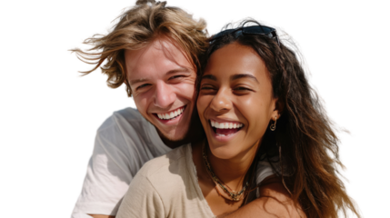 Shared Laughter: A captivating snapshot of a joyous couple, intertwined in an embrace, radiating genuine smiles and heartwarming connection. Capturing a moment of authentic love and happiness