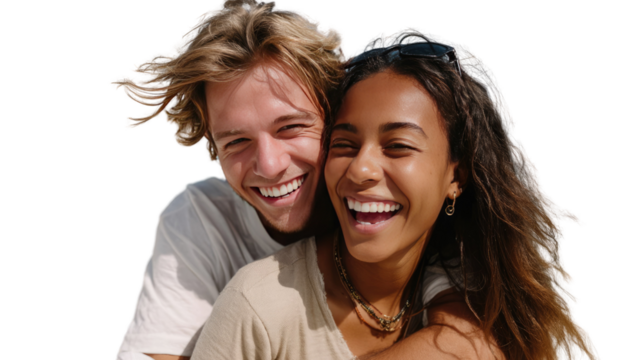 Shared Laughter: A captivating snapshot of a joyous couple, intertwined in an embrace, radiating genuine smiles and heartwarming connection. Capturing a moment of authentic love and happiness