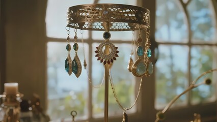 Elegant jewelry display featuring a crown, earrings, and necklaces with gemstones, set against a window backdrop.