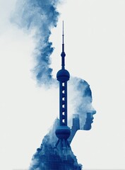 A stylized double exposure image of a woman's profile overlaid with a city skyline and a tall tower, rendered in shades of blue, creating a dreamy, atmospheric effect