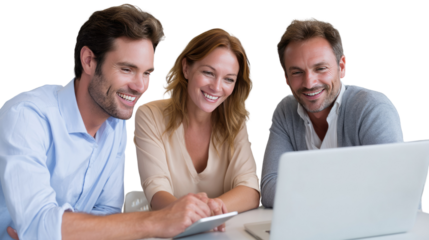 Collaboration & Innovation: A dynamic trio, deep in discussion around a laptop, radiating positivity in a well-lit, modern office, showcasing teamwork and shared purpose.