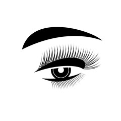 Eye makeup vector black and white logo in flat style. Eyelashes and eyebrow - icon for beauty salon. Permanent, tattoo in cosmetology.