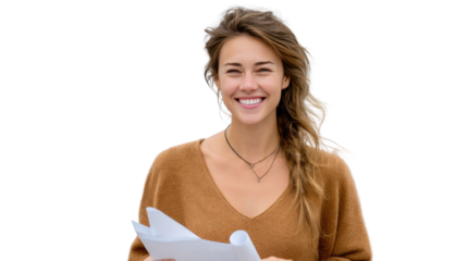 Radiant Confidence: A portrait of a smiling woman. She is wearing a sweater and holding document.