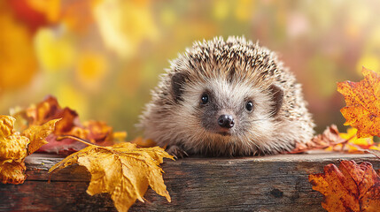 Autumn animal wildlife background - A cute hedgehog autumnal leaves landscape backdrop