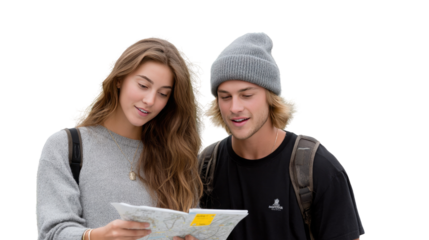 Navigating Adventure: A young couple engrossed in a map, charting a course for discovery, a testament to travel and shared exploration.