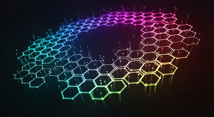 Abstract Hexagonal Network: Glowing, Colorful, Futuristic, Data Visualization, Dark Background.