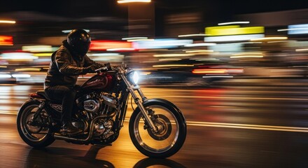 A man riding a motorcycle at night with a blurred cityscape in the background.