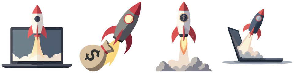 Four stylized rockets launch from laptops, symbolizing growth, success, and innovation in technology and finance.