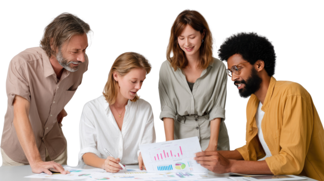 Team Brainstorming: A collaborative team huddles over documents and charts, fostering the spirit of brainstorming, analyzing complex data in a bright setting