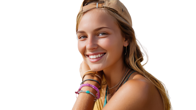 Radiant Smile in Sunshine: A portrait of a joyful woman is set against a bright outdoor backdrop. The vibrant portrait showcases her beauty and the warmth of the sunlight.