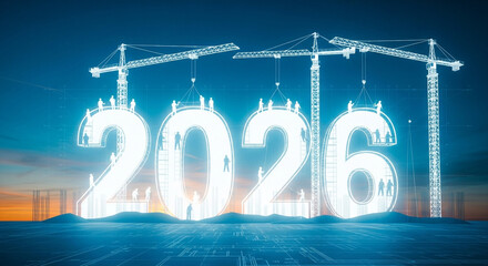 The year 2026 is under construction by cranes with bright lights against a dark sky a perfect powerful and futuristic concept for building a better new year