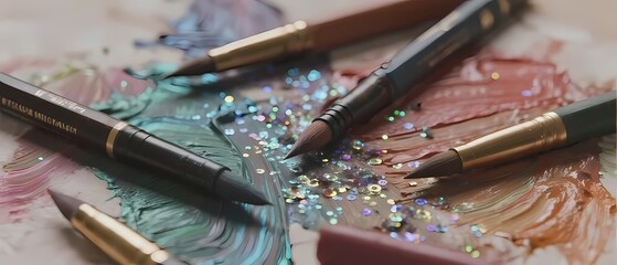 Obraz premium Artistic Tools and Paints: Brushes, Pens, and Glitter on a Palette