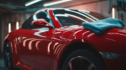Foam sprayer and cleaning towel beside a glossy red car during a detailing session in a well lit garage