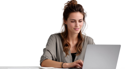 Woman working with laptop: Captivating view of a woman attentively using a laptop. Focus on the woman's expression and posture as she interacts with the device.
