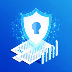 Digital security shield protecting financial documents and data analytics
