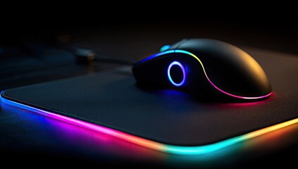 Sleek black gaming mouse with RGB lighting rests on a similarly illuminated mousepad in low light