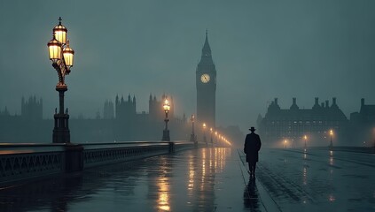 A lone figure in a long coat walks a rain-slicked bridge at twilight,  Big Ben and the Houses of Parliament looming in a foggy London backdrop, illuminated by gas lamps