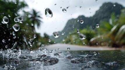 A close-up view of rain droplets impacting a wet roadway, showcasing intricate water splashes and reflections against a backdrop of lush greenery and misty mountains.