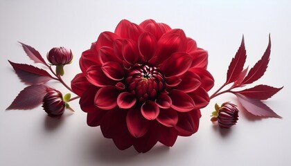 surreal still life red dahlia with burgundy hues on immaculate white backdrop capturing intricacies of floral texture and graceful composition