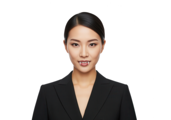 Asian Woman with Vampire Fangs in Business Suit - Halloween