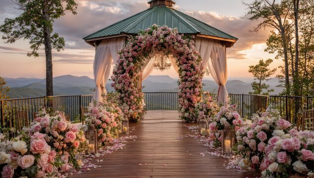 Romantic gazebo wedding ceremony at sunset - Powered by Adobe