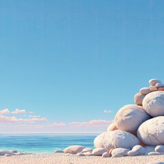 Serene coastal scene with a pyramid of smooth, white stones on a sandy beach under a clear, pale-blue sky