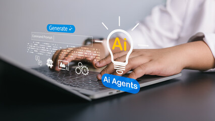 Person interacts with an AI agent on a laptop, with  lightbulb icon and the text AI and AI Agents floating above, representing artificial intelligence, technology, innovation, creative problem solving
