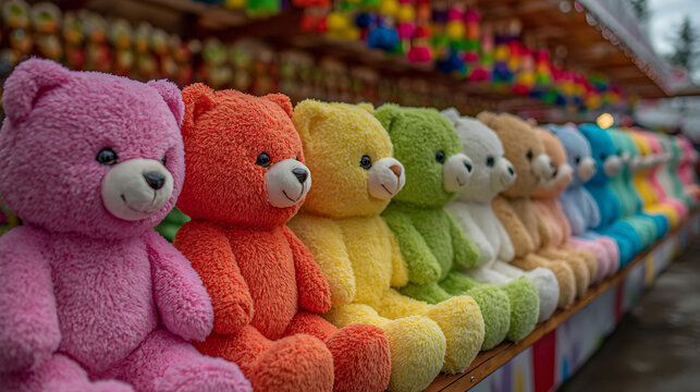 colorful plush teddy bears on display carnival booth amusement park fairground fun festival stuffed animal toys game prize decor and childhood toy entertainment collection