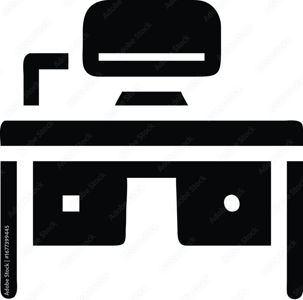 Poster vector art of simple black and white icon of a desk with a computer and chair, isolated on a