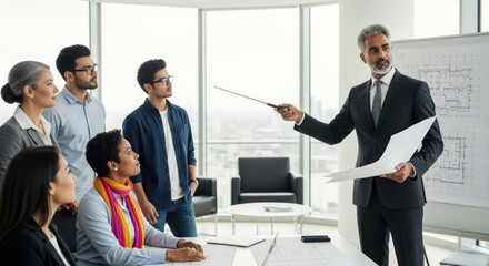 A diverse group of business professionals in a modern office setting, discussing a blueprint with a focus on architectural design.