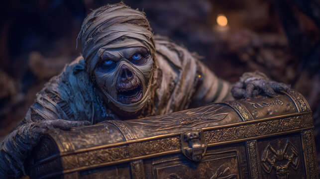 Scary mummy guarding treasure chest in haunted tomb. keywords: halloween mummy, tomb, treasure, spooky, scary, eerie, ancient, undead, horror, haunted, october, festive, skull, cre