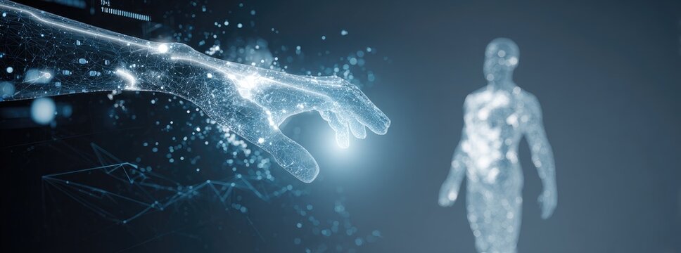 Digital hand reaching towards a translucent human form